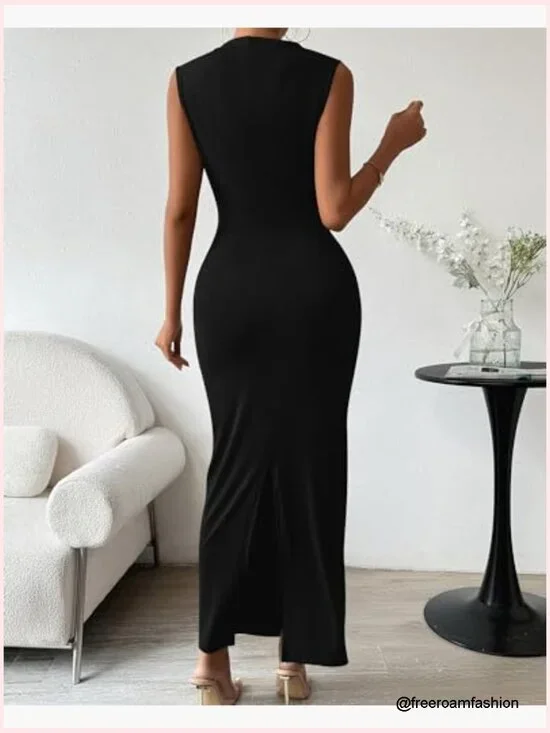 Ruched Bodycon Maxi Dress Sleeveless Slit Formal Cocktail Wedding Guest - Picture 4 of 7